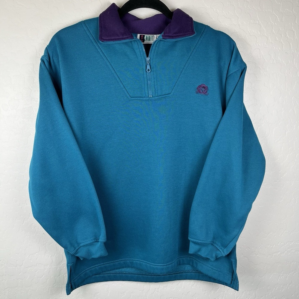 VTG Bolo Spirit Women 80's Teal Hibiscus Flower 1/4 Zip Pullover Fleece Jacket